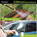 Two nozzle devices being used on a car and wooden surface with text indicating different functions.