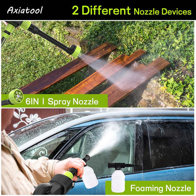 Two nozzle devices being used on a car and wooden surface with text indicating different functions.