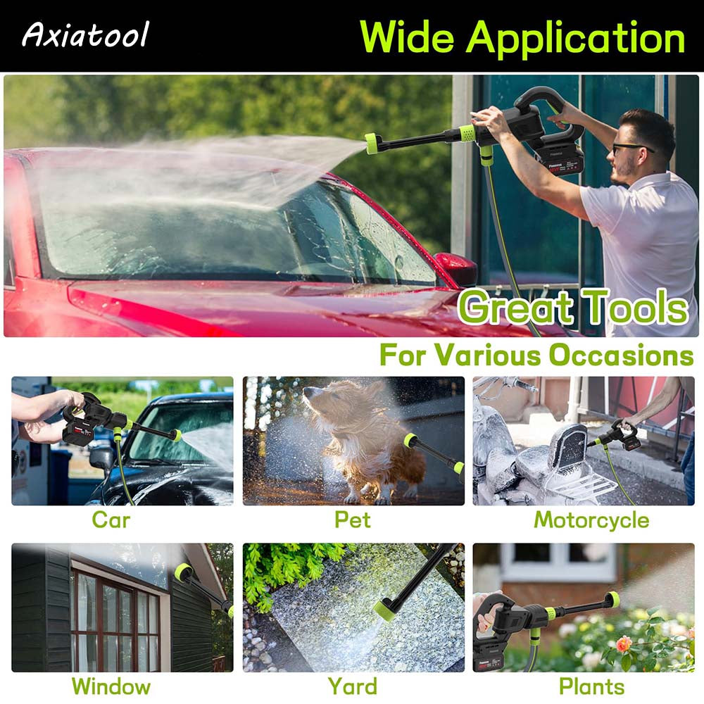 Axiatool wide application product being used on car, pet, motorcycle, window, yard, and plants with text highlighting its versatility.