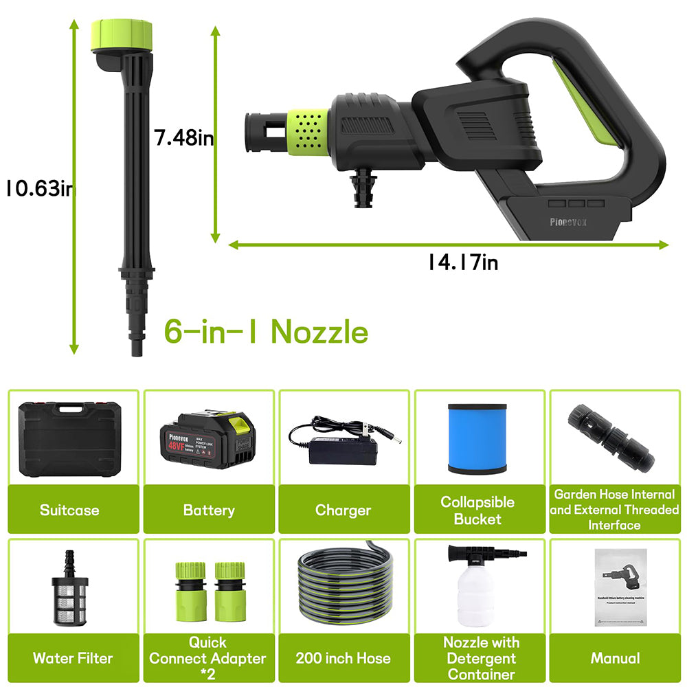 6-in-1 nozzle with dimensions and features listed on a white background