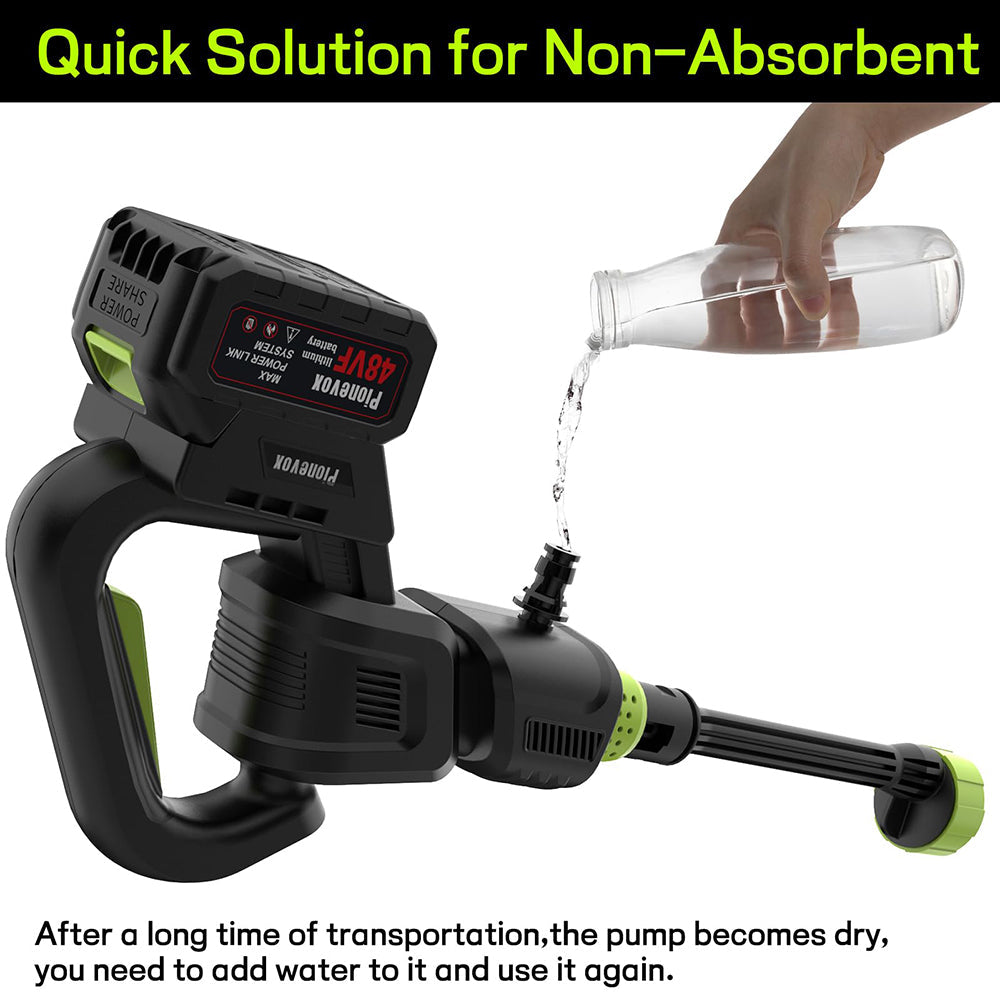 Electric pump with water being poured into it, labeled as a quick solution for non-absorbent issues.