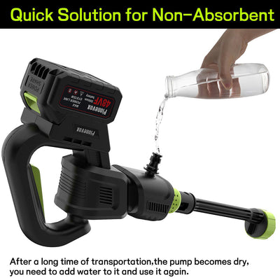 Electric pump with water being poured into it, labeled as a quick solution for non-absorbent issues.