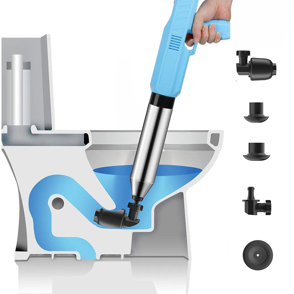 AxiaTool electric stainless steel plunger blaster inflator pump with ergonomic handle and nozzle attachment.