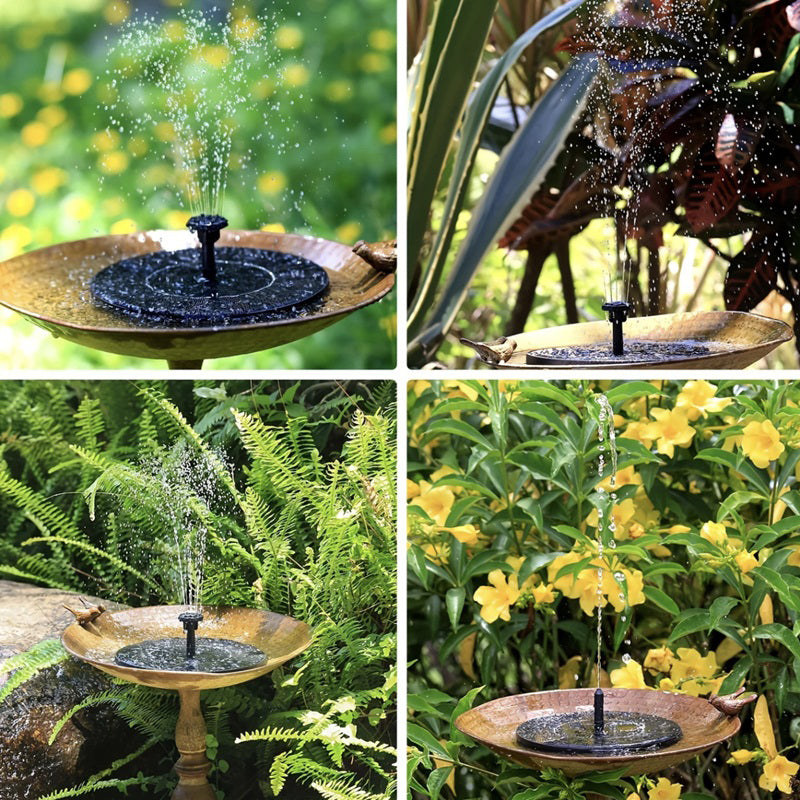 Solar water fountain in various garden settings with plants and flowers.