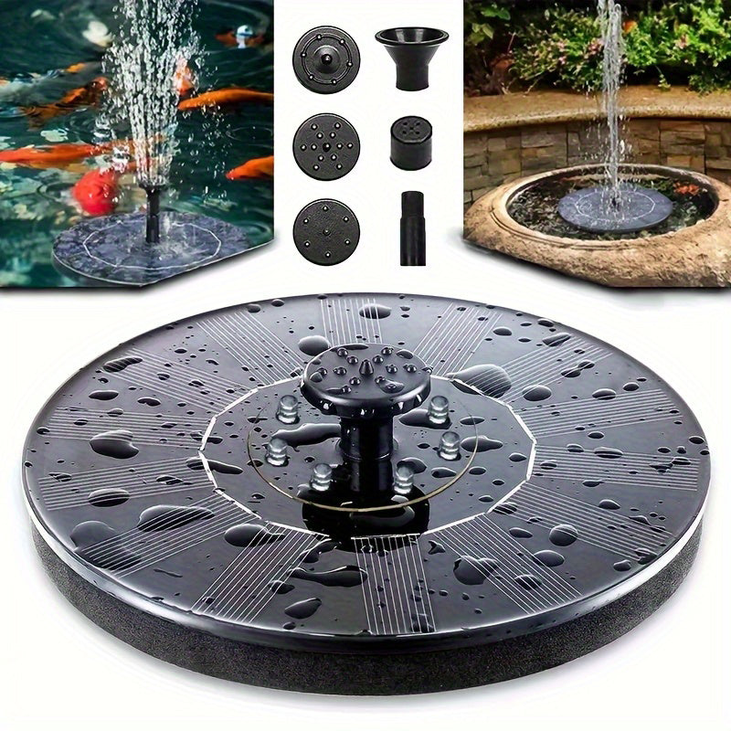 Solar fountain pump for ponds with additional nozzles and a pond scene.