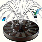 Solar fountain with water sprays, surrounded by a hummingbird and butterfly on a white background
