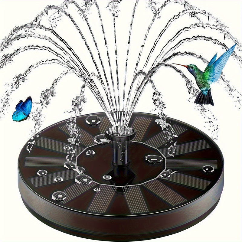 Solar fountain with water sprays, surrounded by a hummingbird and butterfly on a white background