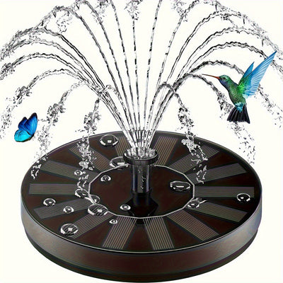 Solar fountain with water sprays, surrounded by a hummingbird and butterfly on a white background
