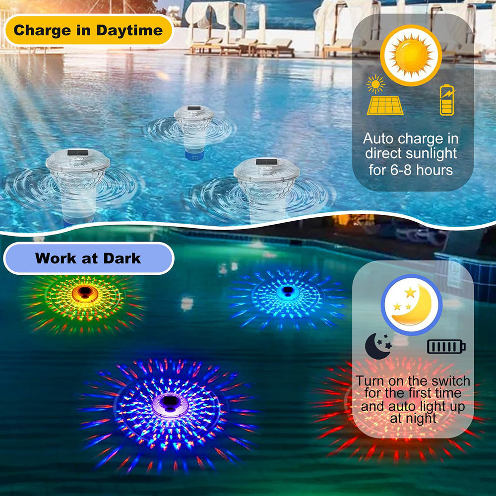 Solar pool lights charging in daylight and working at night in a pool.