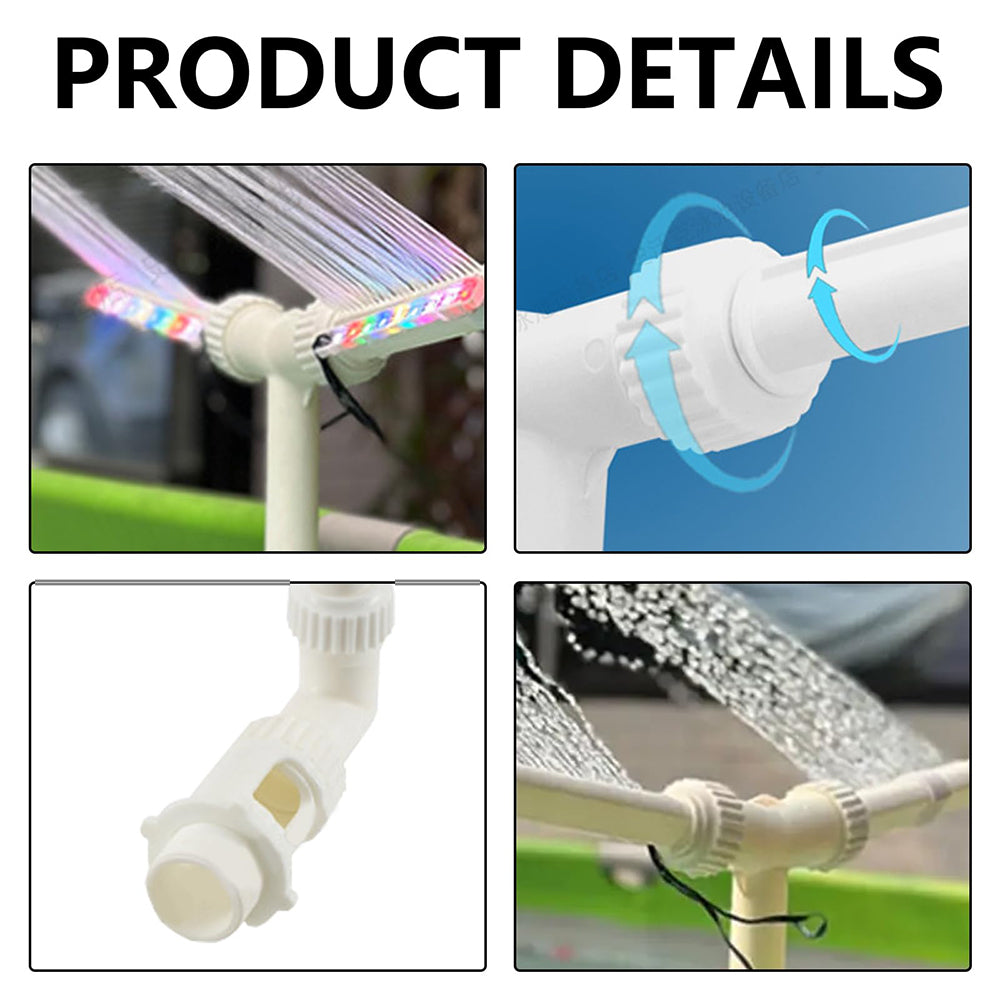 Solar pool fountain by AxiaTool with vibrant RGB lights, creating a colorful water display in an outdoor setting.