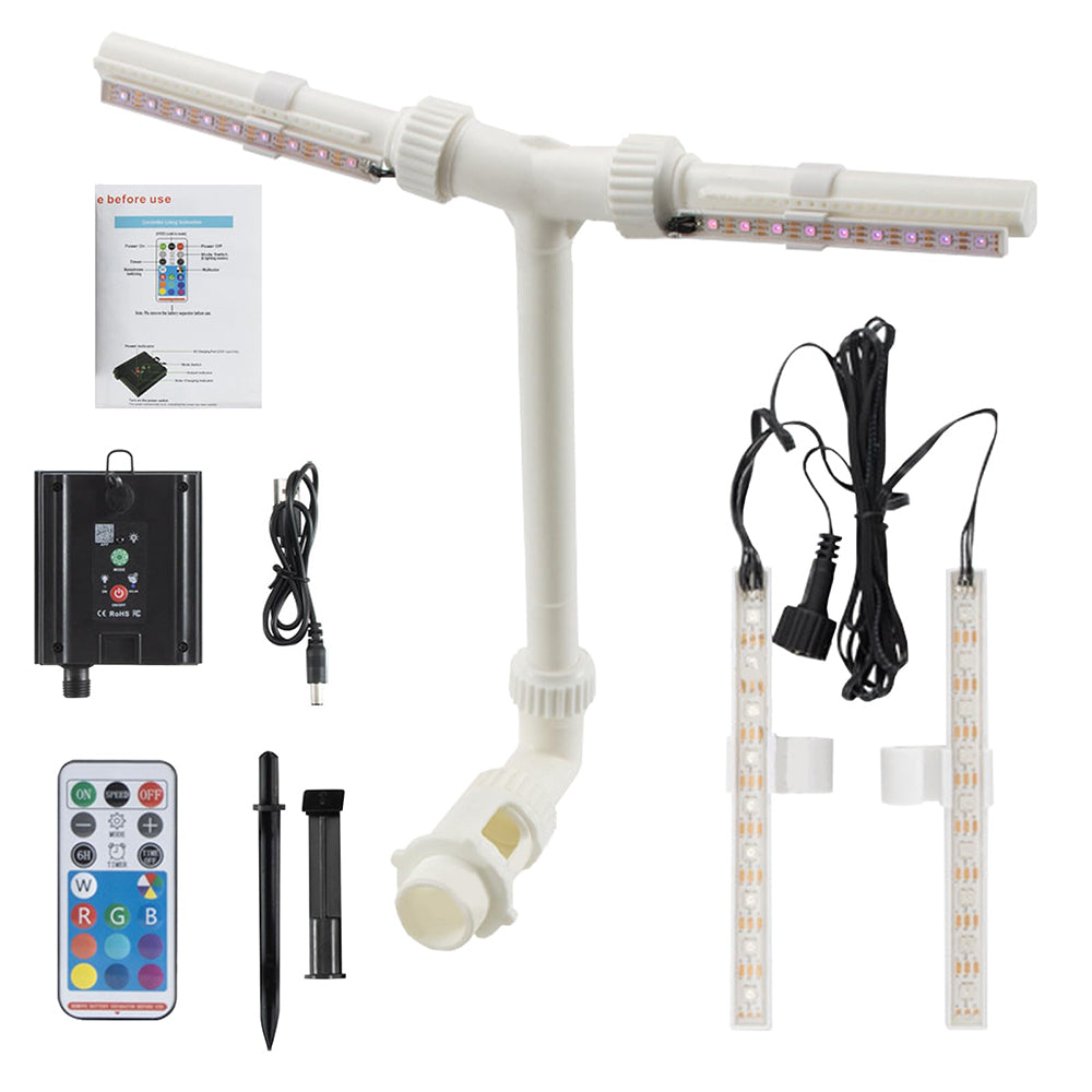 AxiaTool solar pool fountain with RGB lights, showcasing a vibrant water spray and colorful illumination in an outdoor setting.