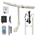 AxiaTool solar pool fountain with RGB lights, showcasing a vibrant water spray and colorful illumination in an outdoor setting.