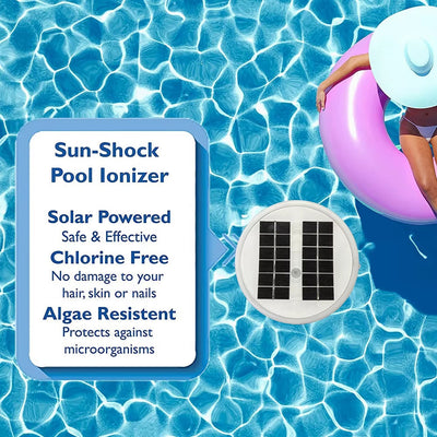 Sun-Shock Pool Ionizer with solar panel in a pool setting