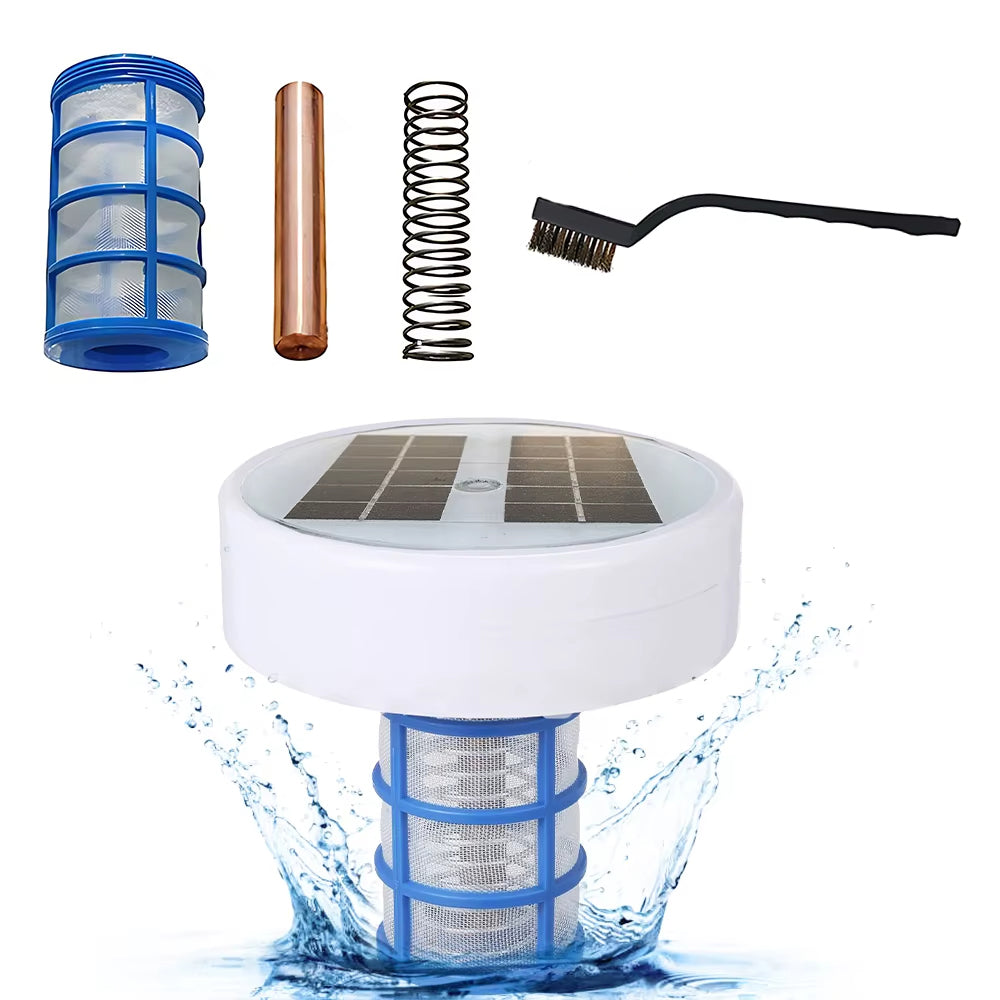 Solar-powered water filter with components on a white background