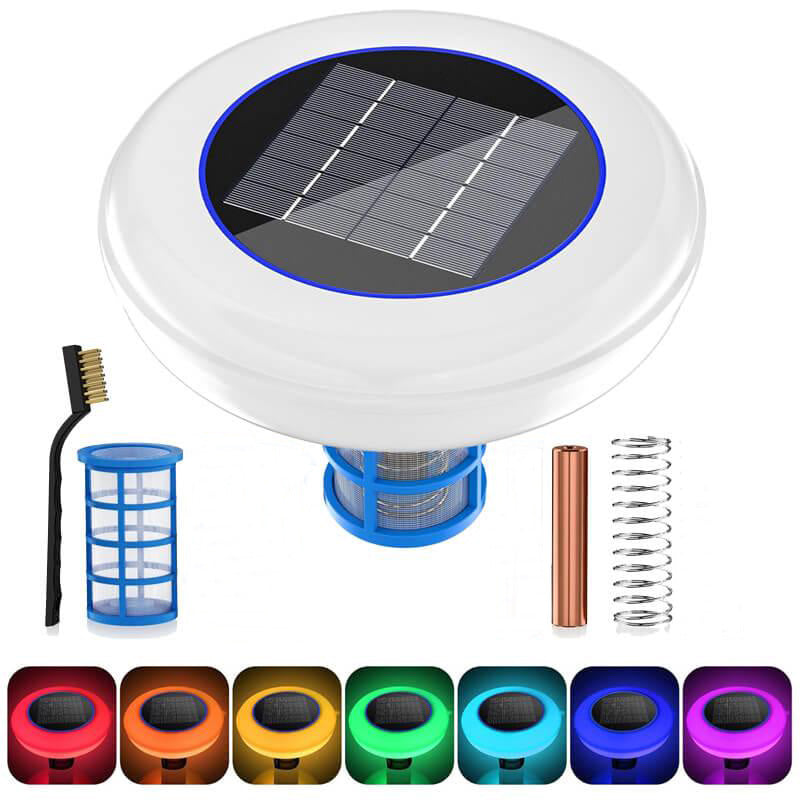 Solar-powered pool light with accessories on a white background