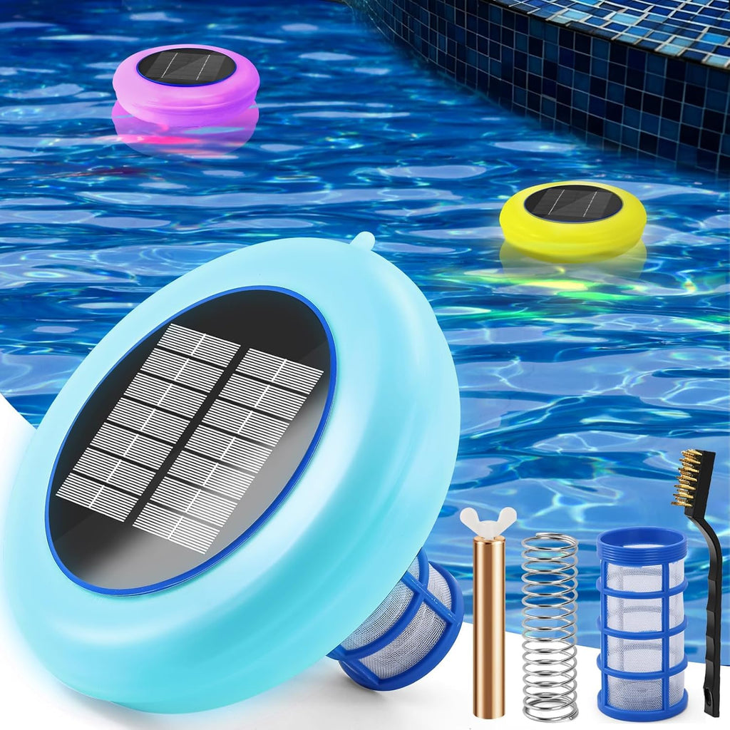 Solar pool cleaning device with floating components on a pool.