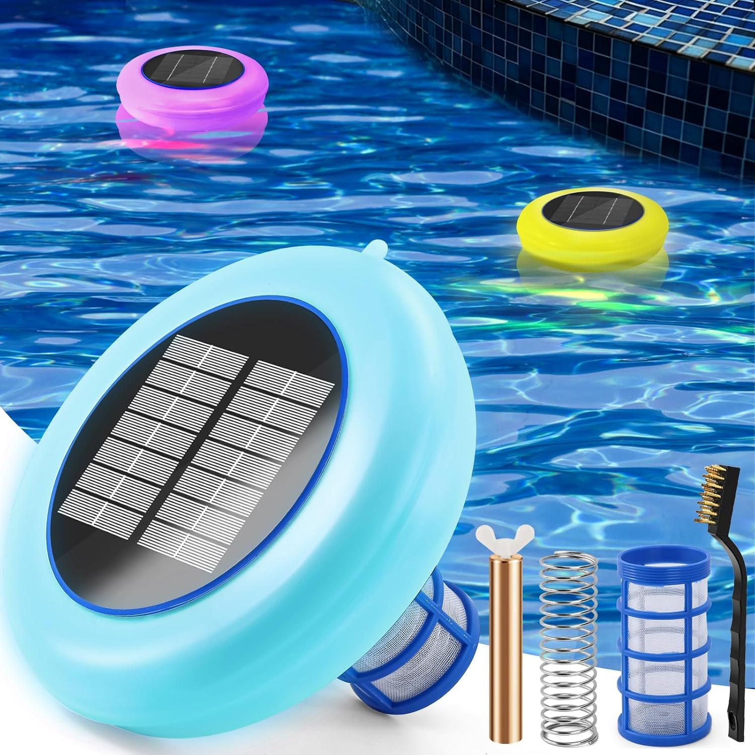 Solar pool cleaning device with floating components on a pool.