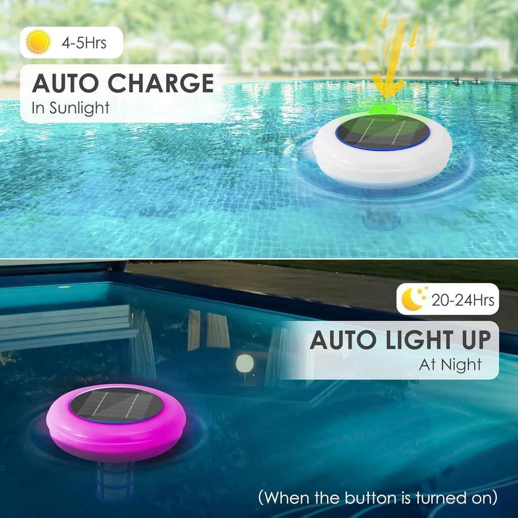 Solar-powered pool light floating on water with text indicating auto charging and auto lighting up features.