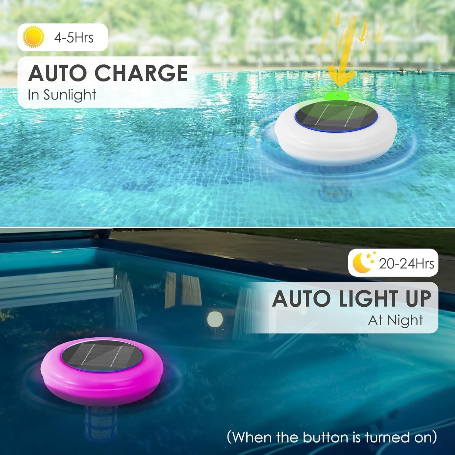 Solar-powered pool light floating on water with text indicating auto charging and auto lighting up features.
