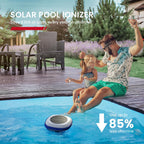 Man and child by a pool with a solar pool ionizer, promotional text about savings on chlorine.