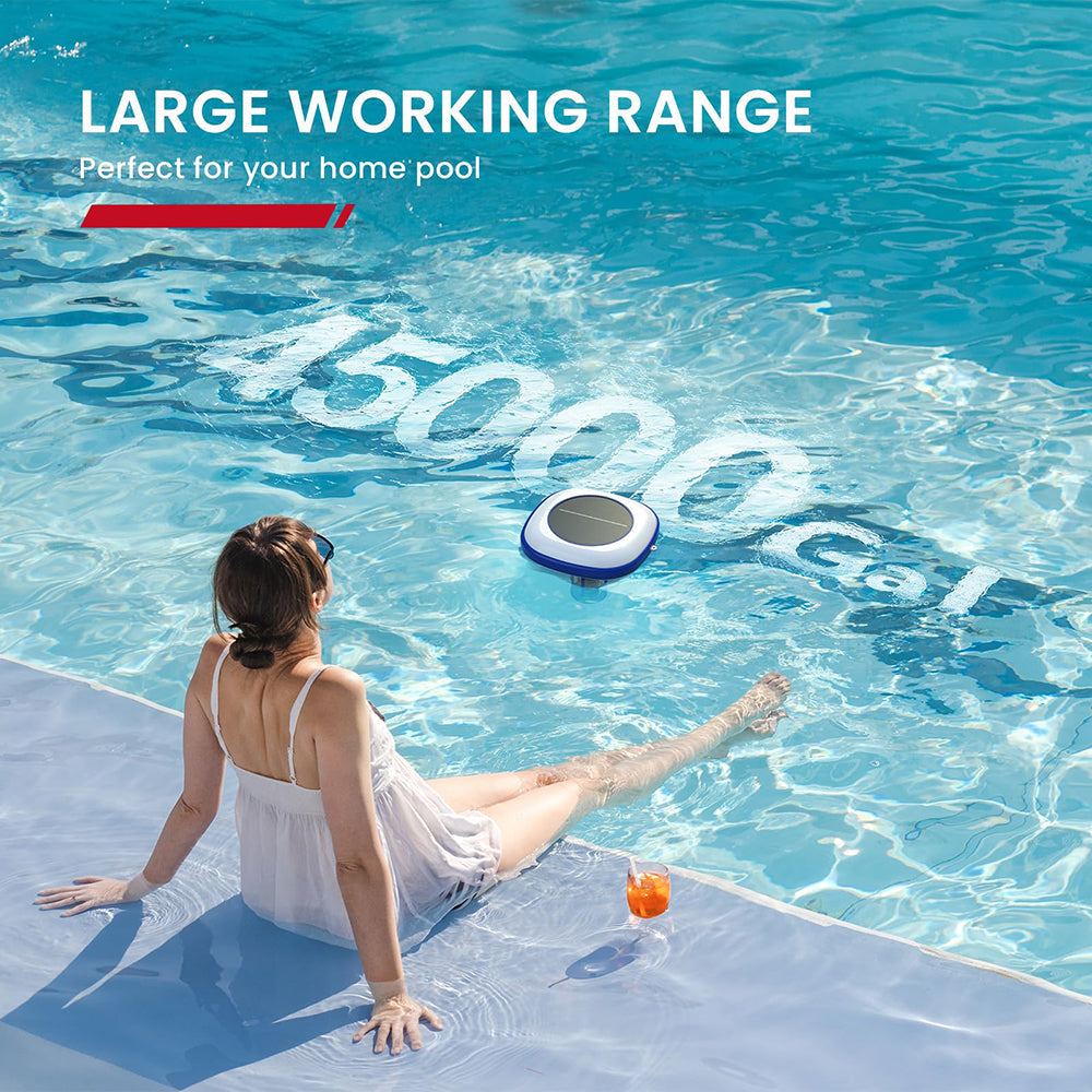Woman relaxing by a pool with a device labeled '15000 GPH' floating in the water, text 'LARGE WORKING RANGE' and 'Perfect for your home pool' displayed.