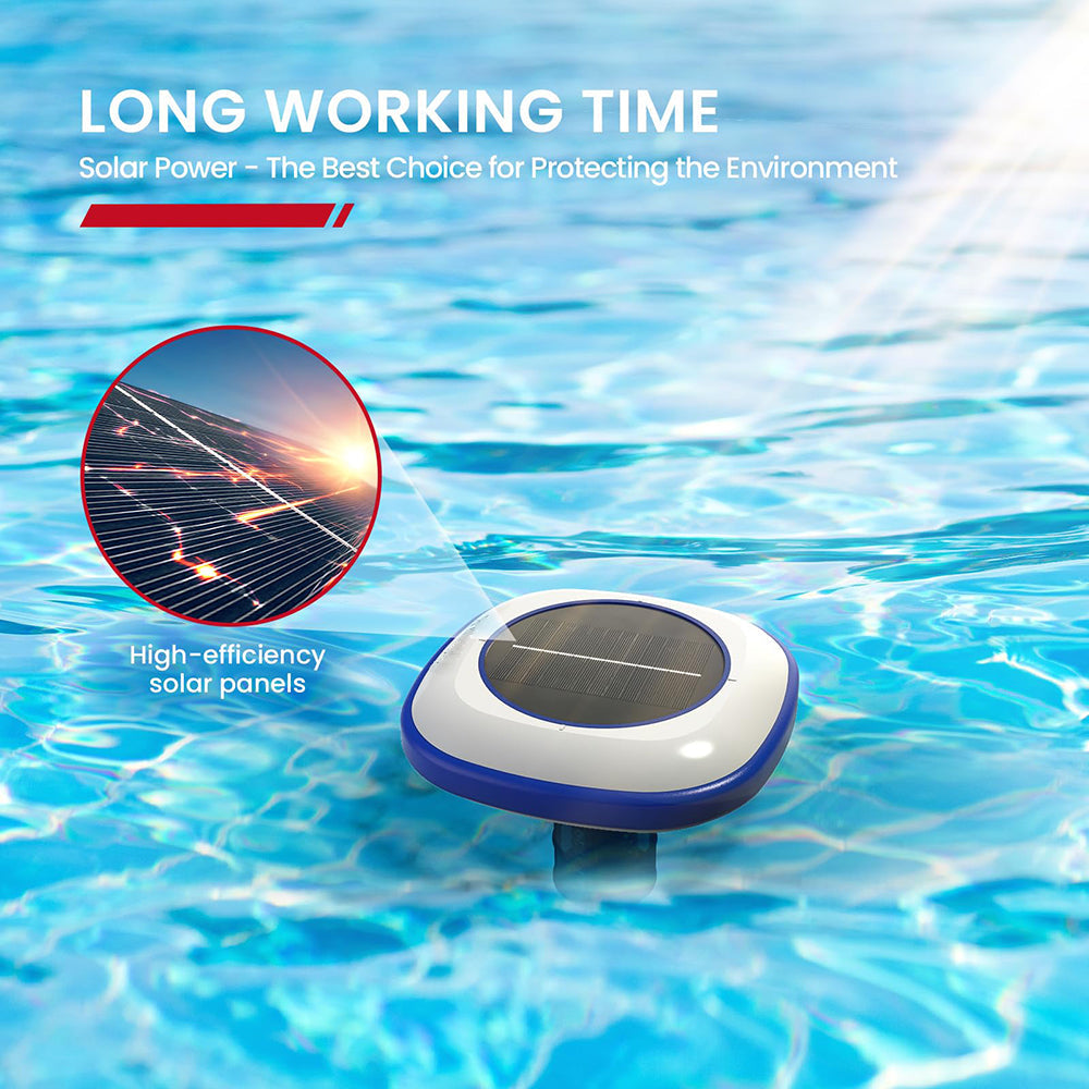 Solar-powered device floating on water with text about long working time and environmental protection.
