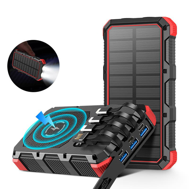 AxiaTool 49800mAh portable solar power bank in red, designed for outdoor use with compatibility for all cellphones.