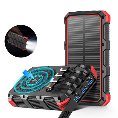 AxiaTool 49800mAh portable solar power bank in red, designed for outdoor use with compatibility for all cellphones.