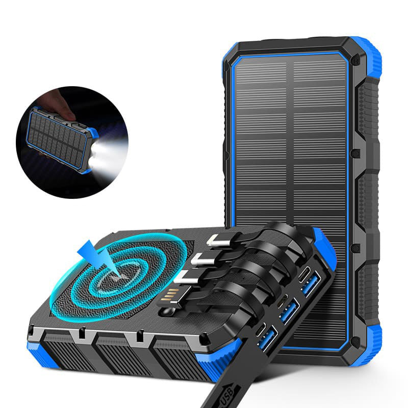 AxiaTool 49800mAh portable solar power bank in blue, designed for outdoor use and compatible with all cellphones.
