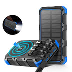 AxiaTool 49800mAh portable solar power bank in blue, designed for outdoor use and compatible with all cellphones.