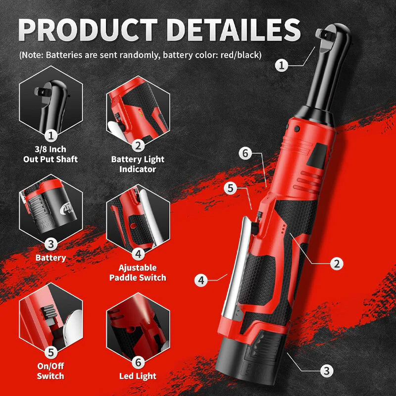 Cordless electric ratchet wrench set by AxiaTool with two batteries, designed for outdoor and pool maintenance tasks.