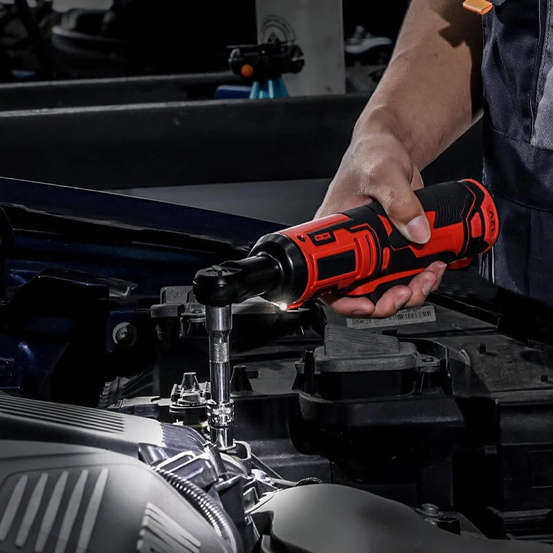 AxiaTool cordless electric ratchet wrench set with two batteries, ideal for outdoor and pool maintenance tasks.