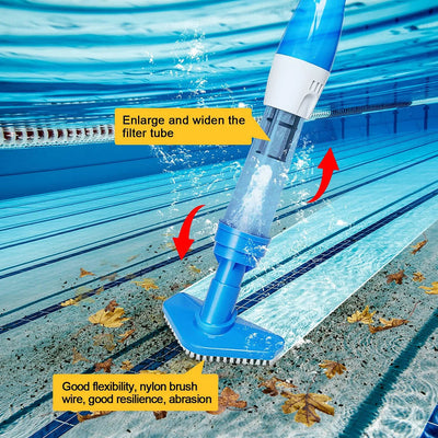 Cordless AxiaTool pool vacuum with telescopic pole, designed for above ground pools and hot tubs, showcasing its sleek design.