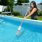 AxiaTool cordless pool vacuum with telescopic pole, designed for above ground pools and hot tubs, in action by the water.