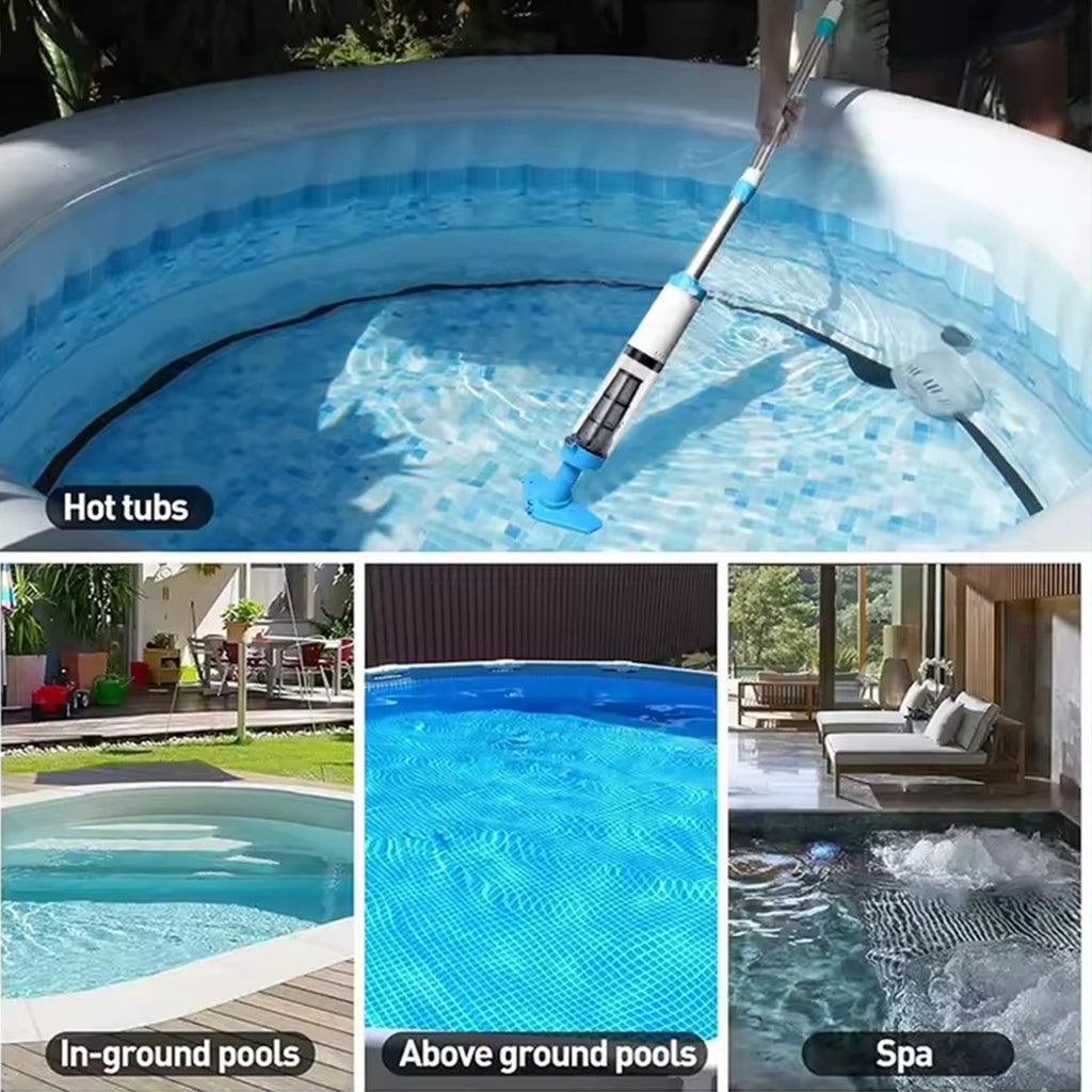 AxiaTool cordless pool vacuum with telescopic pole for cleaning above ground pools and hot tubs.