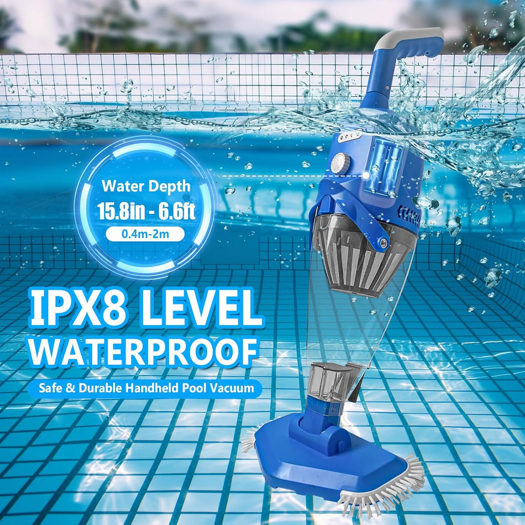 Handheld pool vacuum cleaning a pool with water depth information displayed.