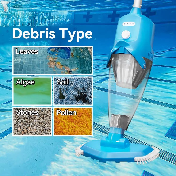 Pool cleaning device with debris type examples on a blue water background