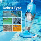 Pool cleaning device with debris type examples on a blue water background