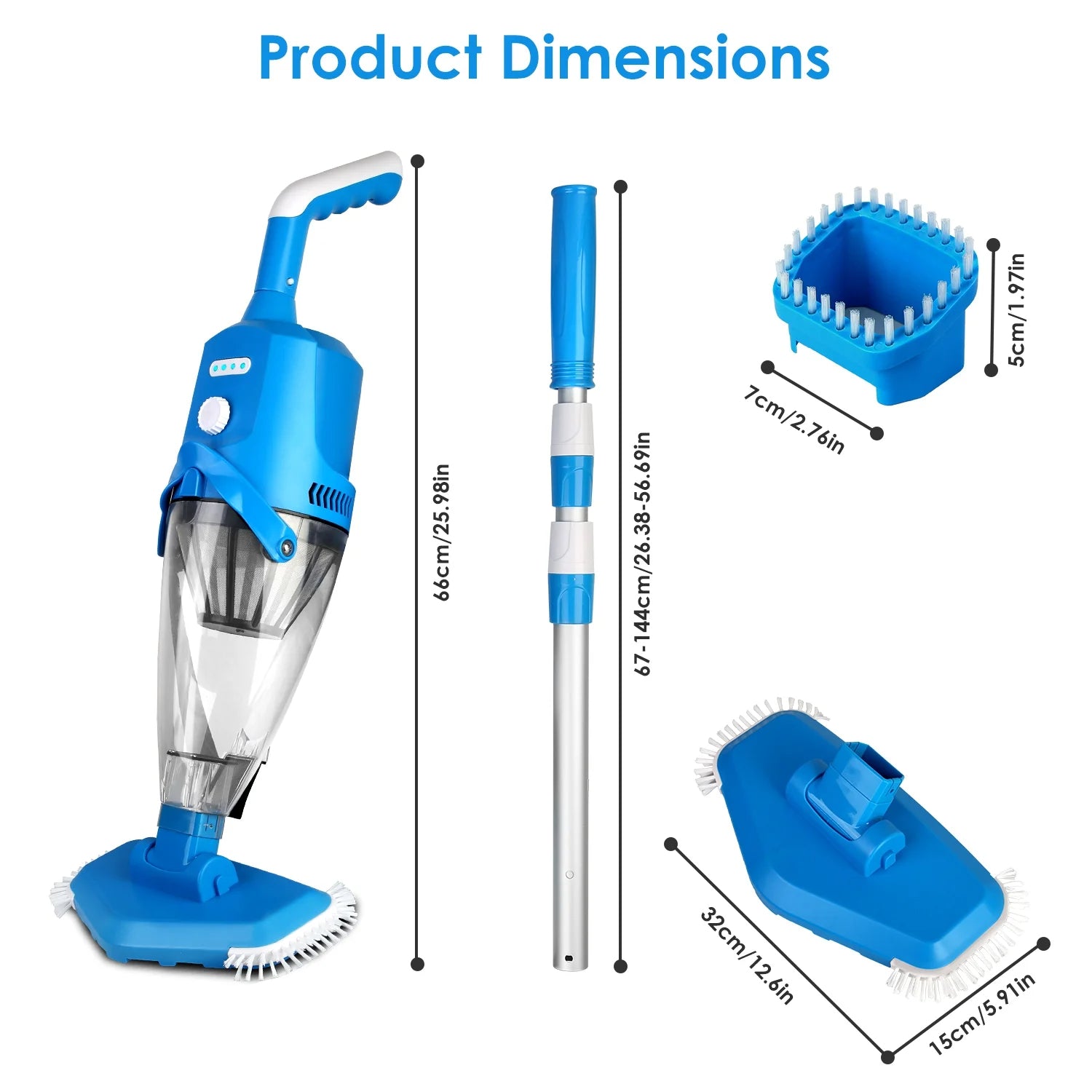 Blue cleaning tool with attachments and dimensions on a white background