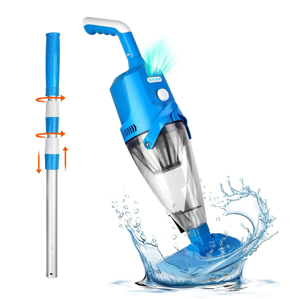 Blue handheld vacuum cleaner with extendable nozzle and water splash effect on a white background