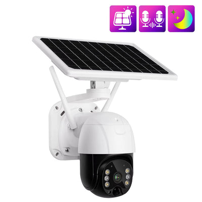 AxiaTool 2025 upgraded wireless solar security camera mounted outdoors, capturing a clear view of the surroundings.