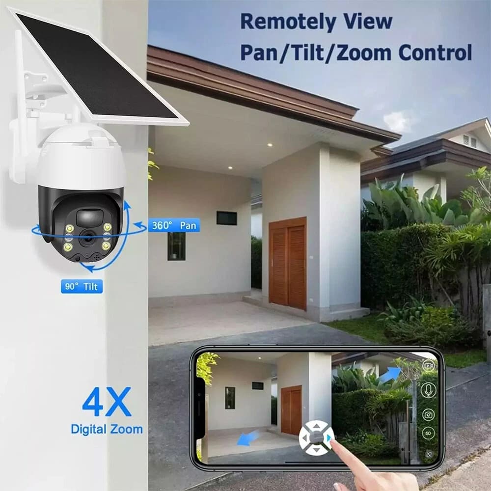 AxiaTool 2025 upgraded wireless solar security camera mounted outdoors, capturing clear video surveillance in daylight.