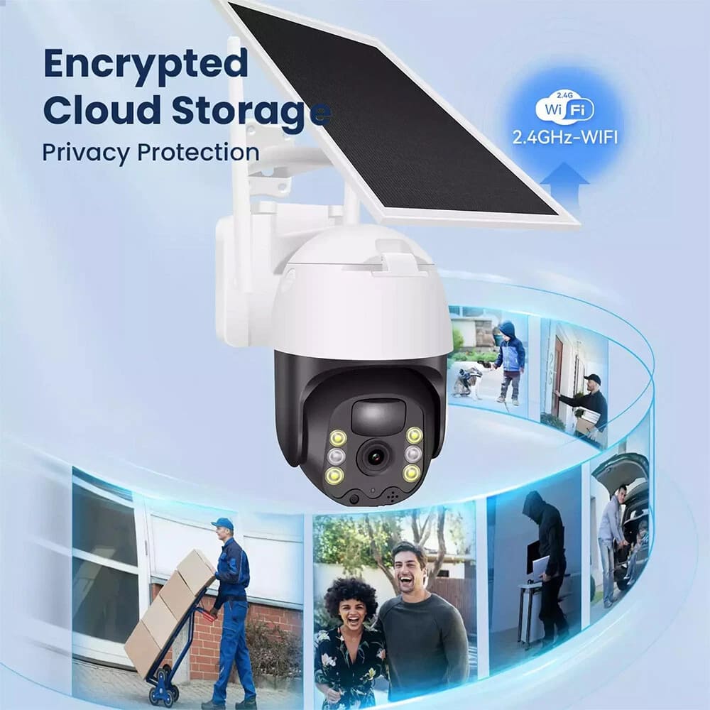 AxiaTool 2025 upgraded wireless solar security camera mounted outdoors, capturing clear view of surroundings.