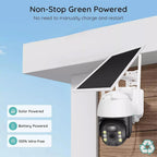AxiaTool 2025 upgraded wireless solar security camera mounted outdoors, showcasing its sleek design and solar panel.