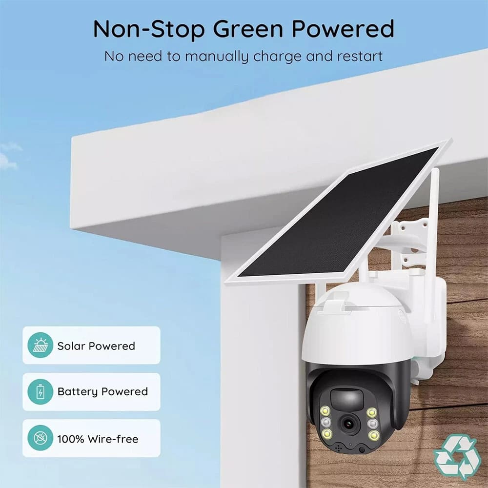AxiaTool 2025 upgraded wireless solar security camera mounted outdoors, showcasing its sleek design and solar panel.