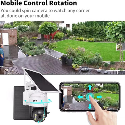 AxiaTool 2025 upgraded wireless solar security camera mounted outdoors, showcasing sleek design and solar panel.