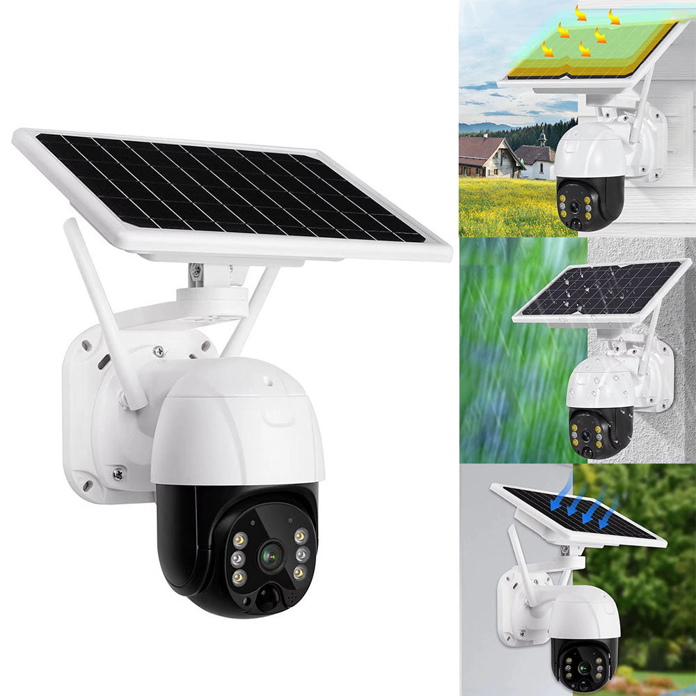AxiaTool 2025 upgraded wireless solar security camera mounted outdoors, featuring a sleek design and clear lens.