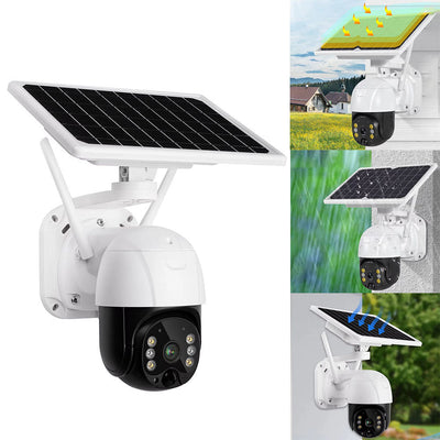 AxiaTool 2025 upgraded wireless solar security camera mounted outdoors, featuring a sleek design and clear lens.