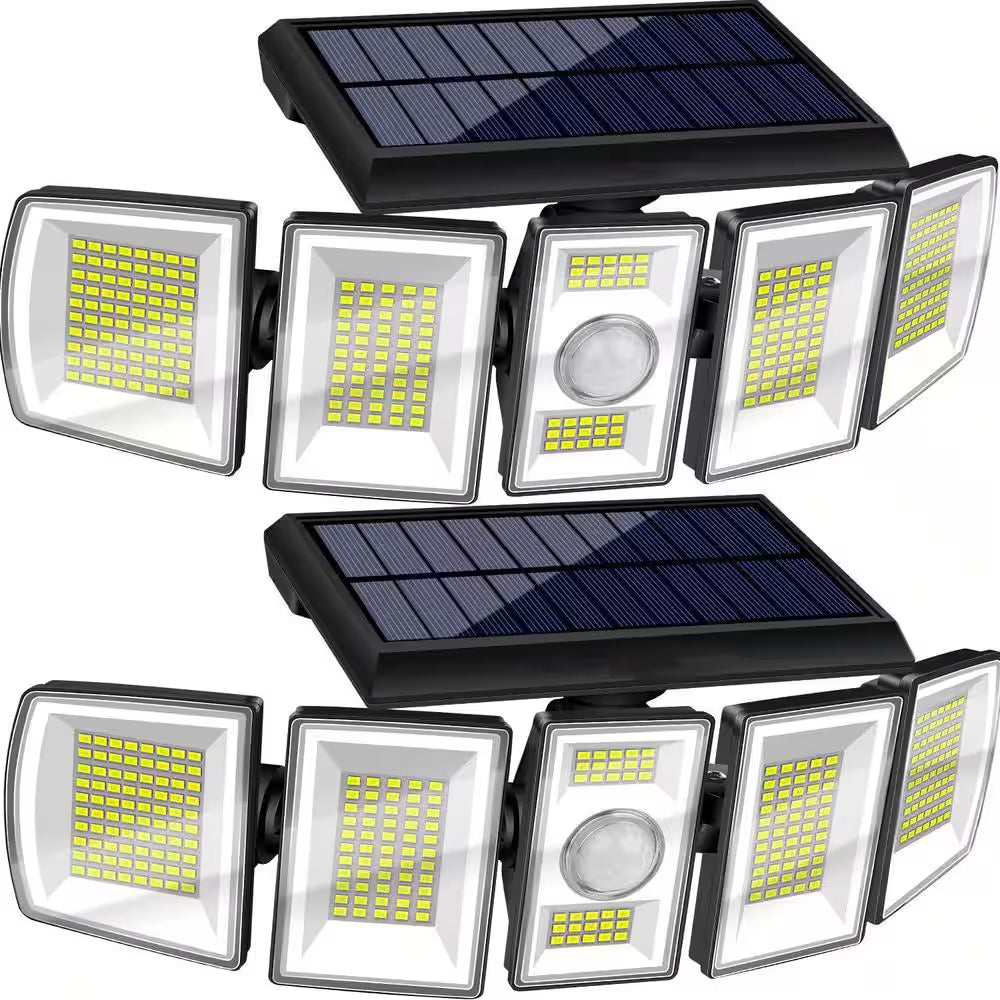 Set of solar flood lights with motion sensor on a white background