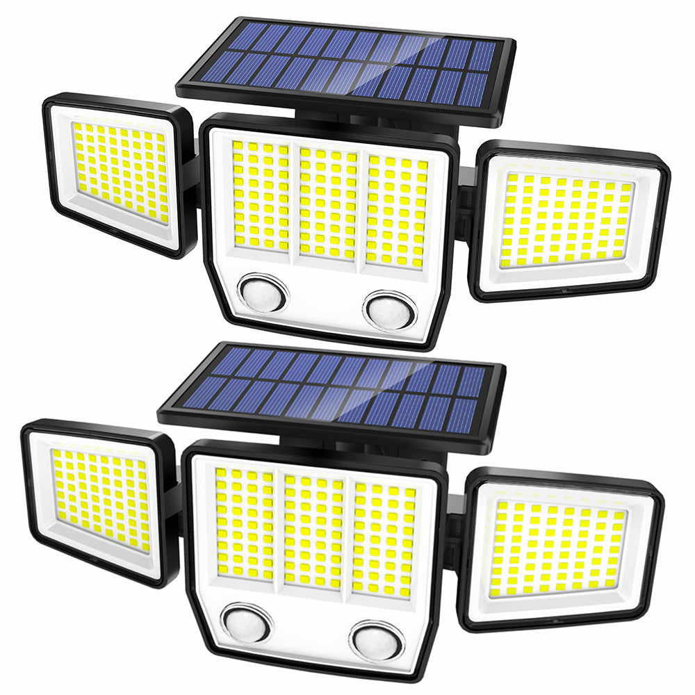 Set of solar-powered outdoor lights with multiple panels on a white background